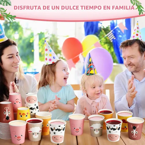 Vista 5 de Maxcheck 120 tazas de decoración de cumpleaños de animales de granja, vasos de papel desechables de 9 onzas, lindo bebida, cerdo, oveja, pollo