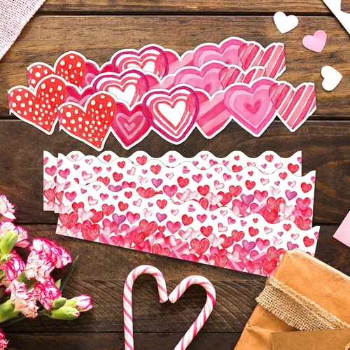 Vista 2 de Decoración de tablón de anuncios para el día de San Valentín, 78.7 pies, bordes de corazón de acuarela troquelados, decoración de aula, corazón