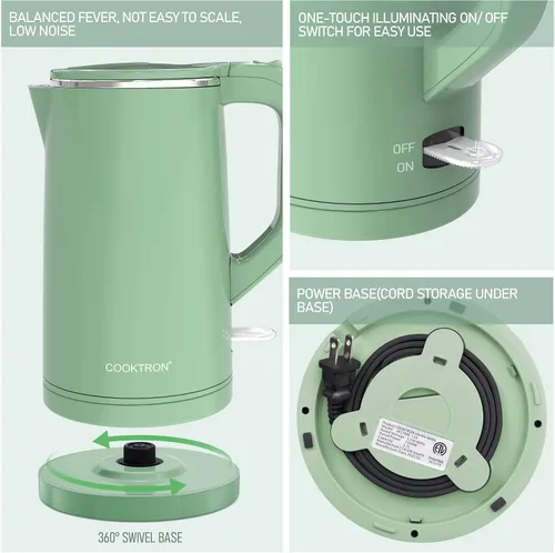 Vista 5 de COOKTRON Hervidor Eléctrico de 1.7L Silencioso, Hervidor de Agua Caliente de Doble Pared Libre de BPA, Tetera de Hervido Silencioso y Tacto Fresco