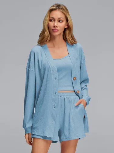 Vista 2 de AUTOMET Conjuntos de 3 piezas para mujer con tops cortos y cárdigan