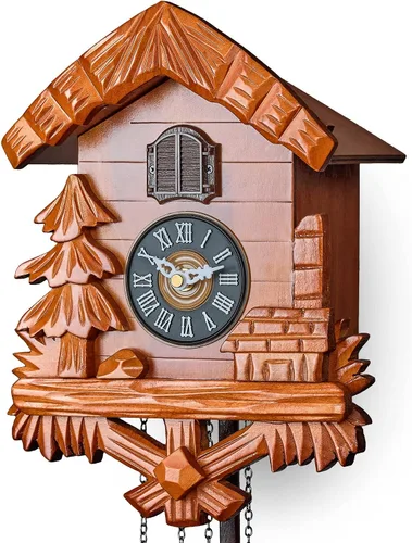 Vista 5 de TIMEGEAR Reloj de cuco de madera con modo nocturno, péndulo oscilante y movimiento de cuarzo (cereza)