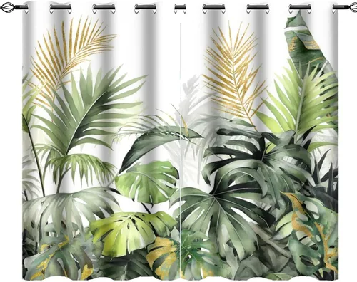 Vista 11 de Cortinas abstractas de hojas tropicales, acuarela tropical, hojas de palma, verano hawaiano, plátano, aislamiento térmico, cortinas completas