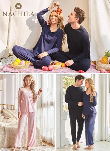 Vista 3 de NACHILA Conjunto de pijama de bambú de manga larga para mujer, conjunto de pantalones de pijama suave S-XXL