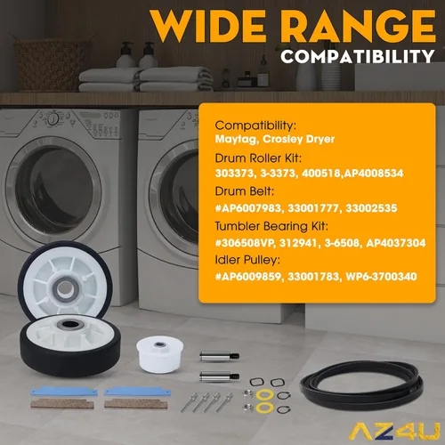 Vista 4 de Kit de reparación de secador AZ4U Rodillos del tambor 12001541 303373K W10116741 303373, Correa 33002535 WP33002535 33001777, Polea tensora