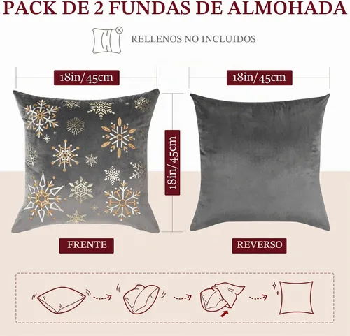 Vista 8 de Fundas de cojín decorativas de Lewondr para Navidad, con bordado de copo de nieve y patrón de estampado en caliente, para sofá, cama, silla Gris