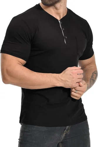 Vista 3 de MLANM Mens Fashion Henley Shirts Short Sleeve Button Cotton T-Shirt