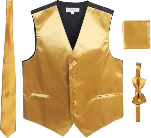 Vista 8 de Gioberti Chaleco formal de satén de 4 piezas para hombre, corbatín y pañuelo de bolsillo Negro D
