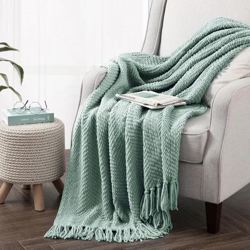 Vista 23 de Manta de punto suave con textura para sofá, manta de tweed crema con borlas de flecos para decoración del hogar, cama, sofá, silla, 50 x 60 Blanco