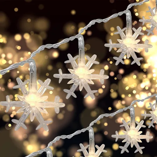 Vista 10 de Holiday Essence - Cadena de luces de Navidad en forma de copo de nieve, 50 luces LED blancas frías, 8 modos, 25 pies, juego de luces