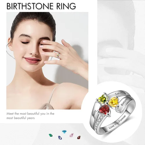 Vista 3 de Jeweidea Anillo de plata de ley personalizado con 3 piedras natales de imitación de corazón para mujer, mamá, abuela