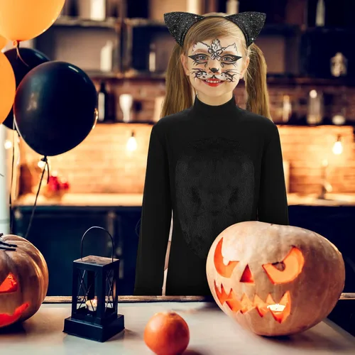 Vista 6 de Disfraz de gato de Halloween para niñas y niños de 7 a 12 años, disfraz de gato negro para niños con guantes, diadema, cola de gato, calcomanías