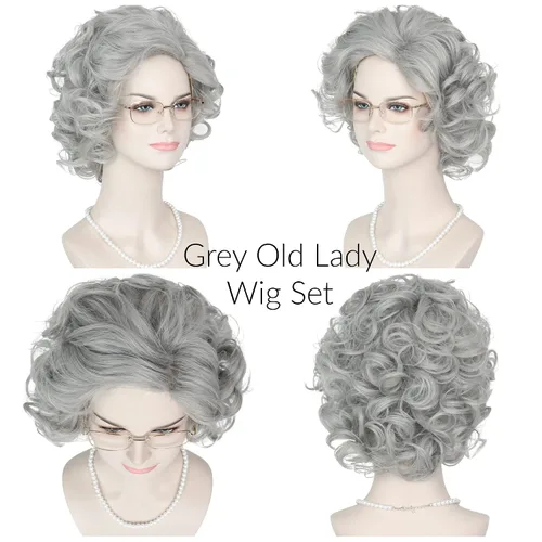 Vista 2 de MISS U HAIR - Peluca de anciana y accesorios, peluca de disfraz de abuela para abuela, peluca corta y rizada gris para cosplay, peluca de fiesta