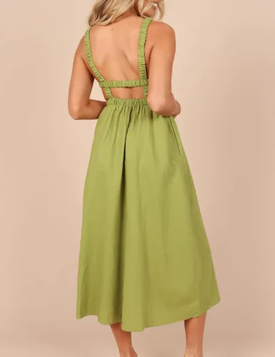 Vista 3 de KOUNAI Vestido midi de lino de algodón con espalda descubierta corte imperio sin mangas cintura elástica para la playa