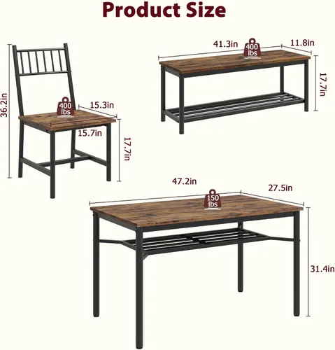 Vista 8 de IDEALHOUSE Juego de mesa de comedor para 4, mesa de cocina y 2 sillas con banco de almacenamiento, juego de mesa de cocina rectangular de 47.2