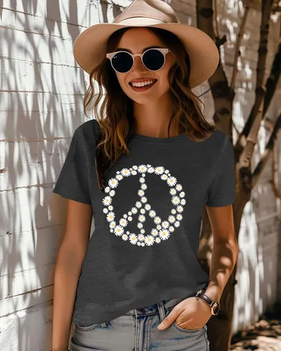 Vista 2 de Camiseta de amor con signo de paz para mujer, camiseta con estampado de flores, hippie de manga corta de los años 60 y 70, camiseta inspiradora