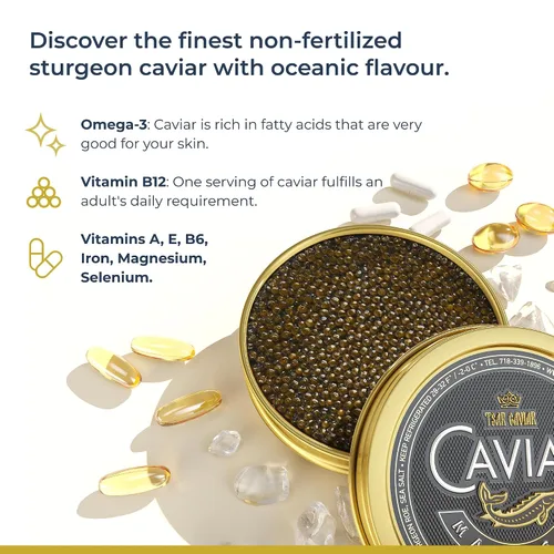 Vista 2 de TSAR CAVIAR Imperial Kaluga Fusion Caviar 3.5 oz (100G) - ENTREGA POR LA NOCHE - Esturión de caviar negro - Huevos de caviar de Osetra salados a