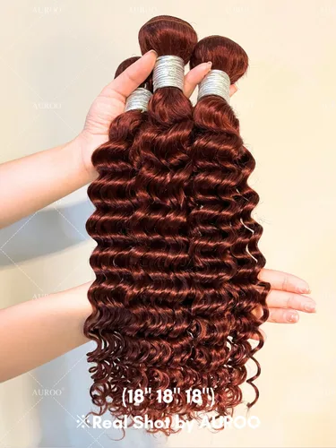 Vista 3 de Cabello Humano Rizado Castaño Rojizo, Trama Gruesa Castaño Cobrizo Rojo Coloreado Ondas Profundas Paquetes Individuales Cabello Humano 12A Tejido