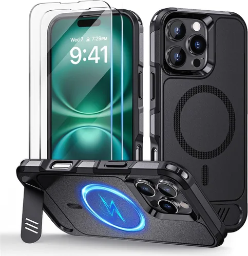 Vista 12 de Lanhiem Funda magnética para iPhone 16 Pro Max, [protector de pantalla de privacidad antiespía] protección contra caídas de grado mil, soporte