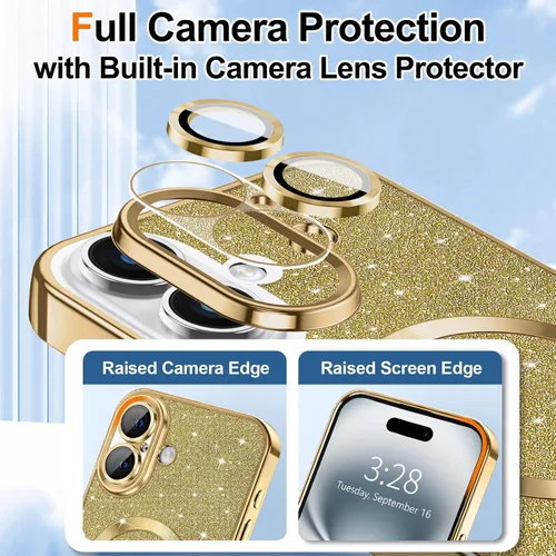 Vista 3 de Hython para iPhone 16 Funda con chispas brillantes, Fundas magnéticas transparentes con protector de lente de cámara [Compatible con MagSafe]