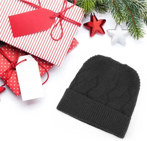 Vista 6 de Gorro de invierno para mujer Gorra de punto para cabello de cola de caballo con moño y cola de caballo Gorro de pelo con pompones con agujero