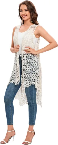 Vista 4 de Chaleco largo casual de ganchillo para mujer, ajuste holgado, con encaje, estilo bohemio, cárdigan sin mangas