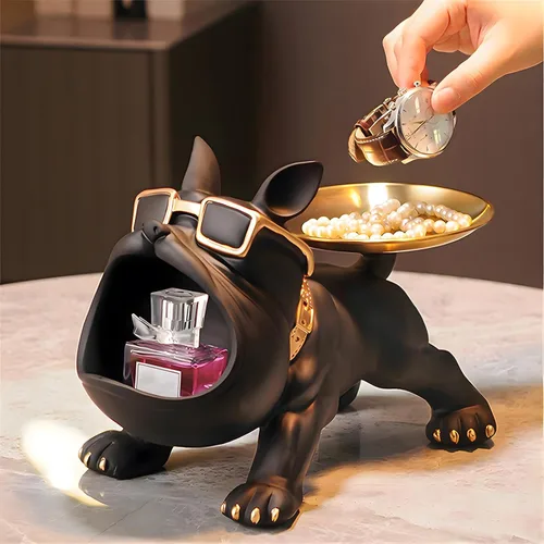 Vista 7 de Estatua de bandeja de bulldog francés de resina Huhote, plato de caramelos y llavero de bulldog, accesorios de bulldog francés, estatuas