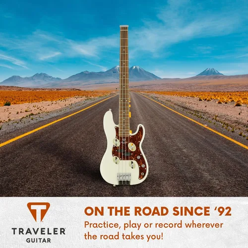 Vista 6 de Traveler Guitar TB-4P Pearl White Bass Guitarra de viaje con entrada auxiliar Bajo de 4 cuerdas con 22 trastes jumbo Bajo eléctrico portátil