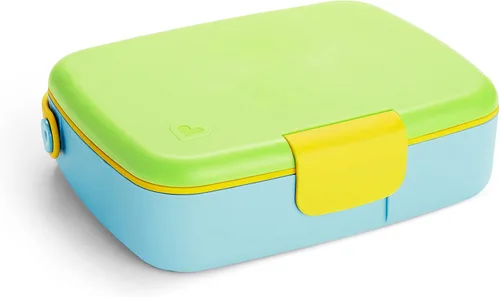 Vista 8 de Munchkin - Lonchera Bento para niños y bebés, incluye utensilios de acero inoxidable, sin BPA, para 18 meses en adelante, Azul/Verde/Amarillo