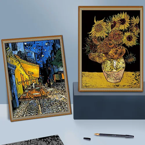 Vista 6 de Scratch Art - Papel de pintura arco iris, 4 piezas de Vincent Van Gogh grabado arte y manualidades, tarjeta de dibujo para adolescentes y adultos