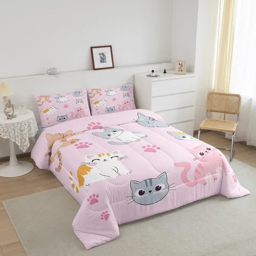Vista 6 de Erosebridal - Juego de edredón para niños tamaño individual con diseño de gatos coloridos; juego de ropa de cama para niñas estilo Kawaii Patrón 38