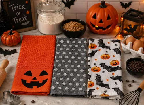 Vista 4 de Haunted - Juego de toallas de mano de cocina de Halloween: Jack O' Lantern Orange Terry Loop, lazo de rizo de punto blanco elevado, diseños