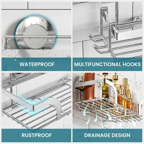 Vista 6 de TAILI Paquete de 2 ventosas para ducha, cesta de baño resistente, estantes de baño para el interior, soporte de ducha de acero inoxidable