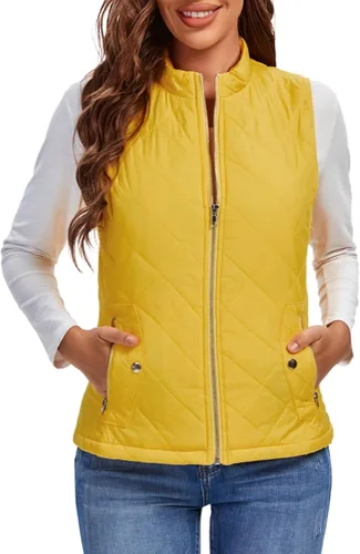 Vista 15 de Fuinloth Women's Quilted Vest Lightweight Puffer Stand Collar Zip Gilet Beige
