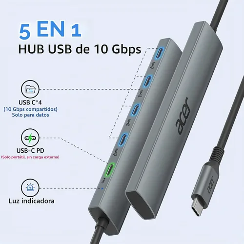 Vista 2 de Acer Hub USB C de 10 Gbps, divisor USBC con 4*USB C 3.2 y puerto PD de 100W, adaptador multipuerto de transferencia rápida tipo C compatible