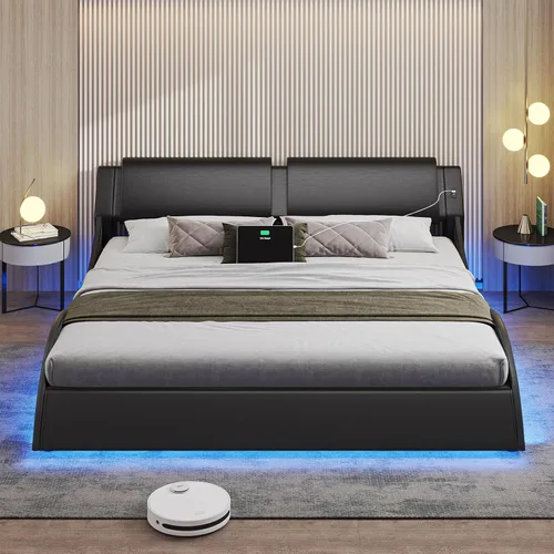 Vista 3 de DICTAC Base de cama King con puertos de carga y cabecero, base de cama de plataforma tamaño King con luces LED onduladas como curvas, soporte