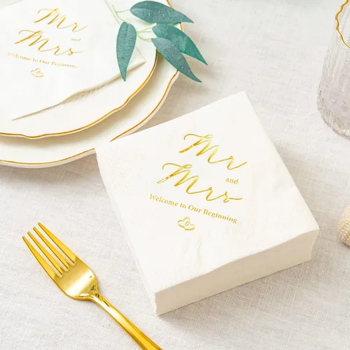 Vista 3 de Crisky Servilletas de 3 capas de papel de aluminio dorado Mr and Mrs de cóctel de boda, 100 unidades para bodas, fiestas, recepciones, postres