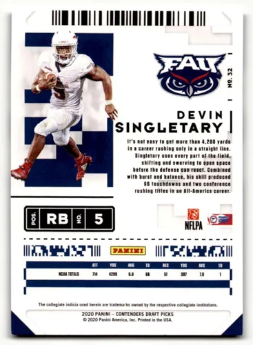 Vista 2 de 2020 Panini Contenders Draft Picks #32 Devin Singletary Florida Atlantic Owls Football Cards NM Near Mint Tarjeta de fútbol