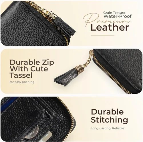 Vista 5 de Claasico Cartera Bifold para mujer con bloqueo RFID Cartera de piel auténtica con cremallera y bolsillo para monedas para mujer Elegante soporte