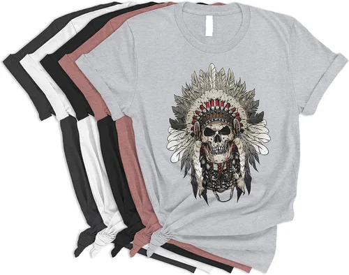 Vista 2 de Camisa nativa americana, camiseta de calaveras indias, tocado de zorro y lobo, camiseta de motocicleta para hombres y mujeres