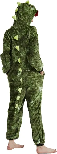 Vista 7 de CALANTA Mono de dinosaurio para adultos, disfraz de dragón T-Rex Animal para mujer, pijama de felpa de una pieza, cosplay, Halloween, Navidad