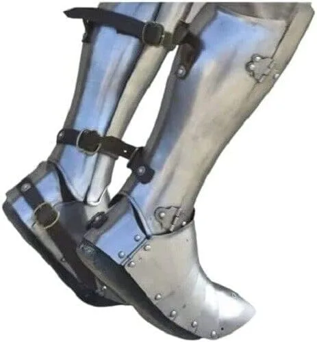 Vista 2 de Medieval Gótico Sabatons Caballeros Larp Armor Leg Guard Zapatos Juego de rol Cosplay Hierro Pies de Acero Zapatos de armadura Par de Guerrero