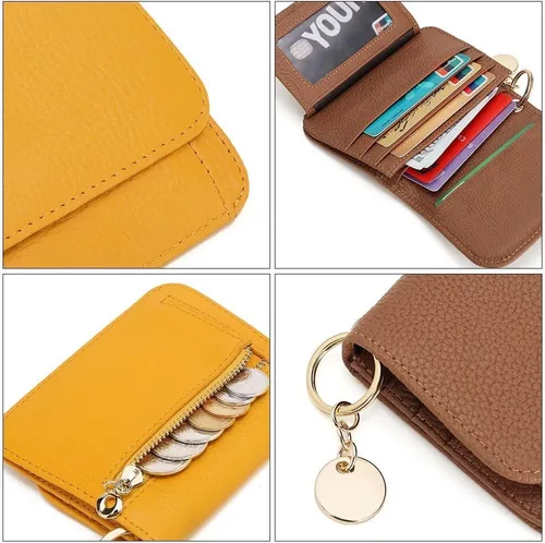 Vista 5 de Mudono - Billetera pequeña para mujer con bloqueo RFID, de cuero genuino, tarjetero, billetera delgada de tres pliegues con bolsillo con cremallera