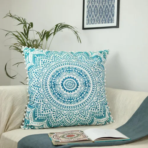 Vista 2 de Funda de cojín de piso de algodón. 26 pulgadas, con encaje de borlas decorativo y diseño de mandala.
