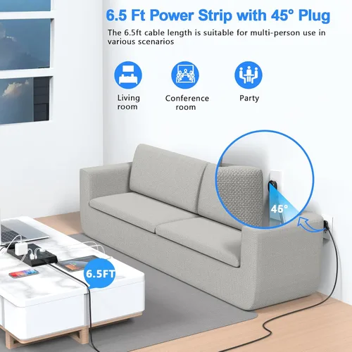 Vista 6 de JcBlaon - 22 salidas y 6 USB Big Power Strip, protector de sobretensiones con 3USB C y 3USB A puertos de carga, cable de extensión de enchufe plano