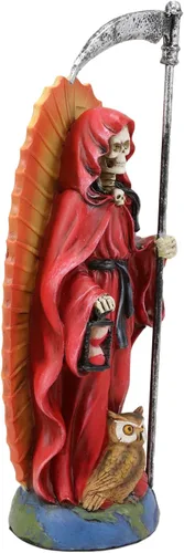 Vista 3 de Ebros Gift Túnica roja de 7.5 pulgadas de alto, diseño de hueso de la muerte de Santa Muerte, guadaña y reloj de arena de pie en el globo