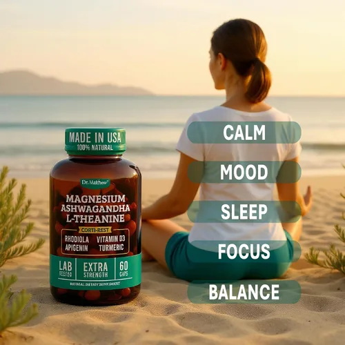 Vista 2 de Suplemento reductor de cortisol y apoyo suprarrenal – Alivio natural del estrés con Ashwagandha KSM-66, glicinato de magnesio y citrato, L-Teanina