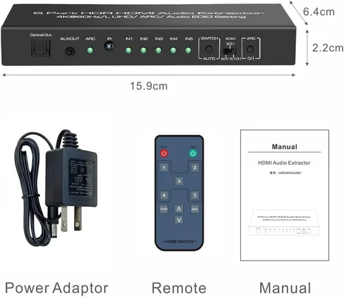 Vista 13 de 5 en 1 salida 4K @60Hz HDMI Switch Extractor de audio con óptico y salida de 0.138 in, divisor de audio HDMI 2.0 compatible con HDR 10, HDCP 2.2