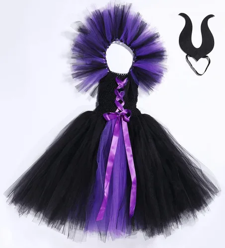 Vista 6 de Tutu Dreams Disfraz de bruja vampiro de Halloween para niñas de 1 a 12 años con diadema de cuernos