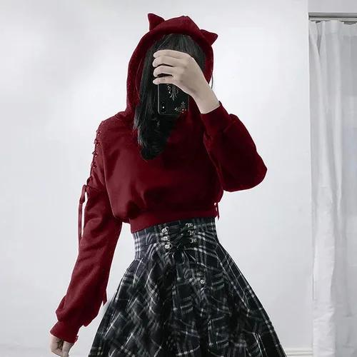 Vista 2 de Sudadera con capucha de gato con orejas, sudadera de manga larga con capucha, sudadera gótica de otoño con cordones, sudadera negra Y2K para mujer