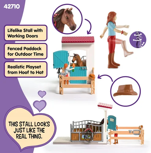 Vista 3 de Schleich Horse Club - Juego de juguetes de caballo de 25 piezas Hannah y Cayenne con caballeriza y accesorios - Etiqueta de nombre de establo